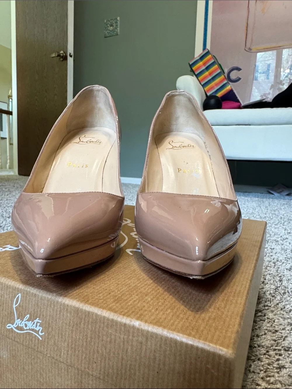 Christian Louboutin Nude Patent Leather Pointed-Toe Pumps with Red Soles